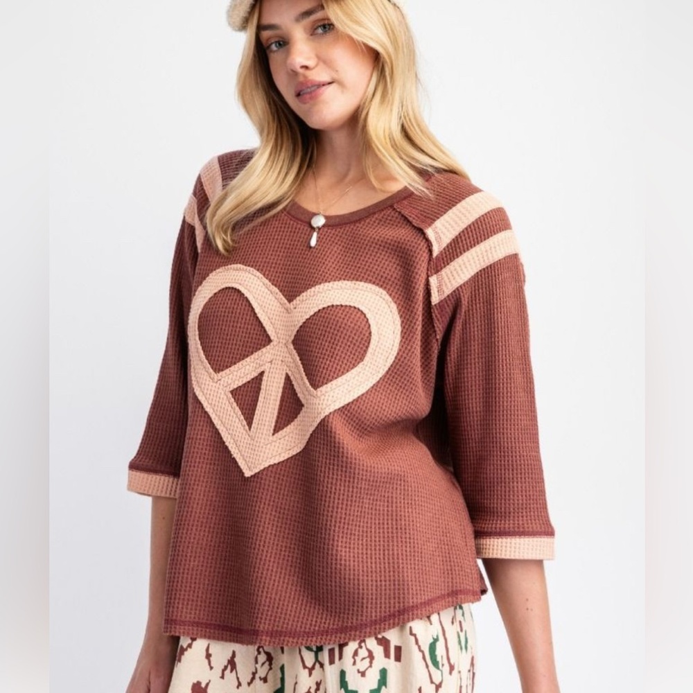 Easel Brown Waffle Knit Top with Pink Peace Heart